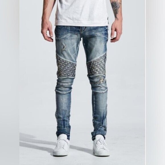 EMBELLISH Turkish Biker Denim Blue Wash Jeans Distressed Basket Weave Sz 38X34 - Picture 1 of 12